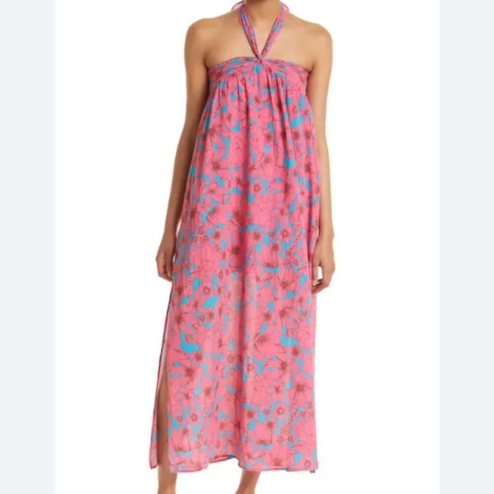 Xirena Adley Pink Blue Floral Maxi Halter Dress M Vacation Beach Cruise Vacation